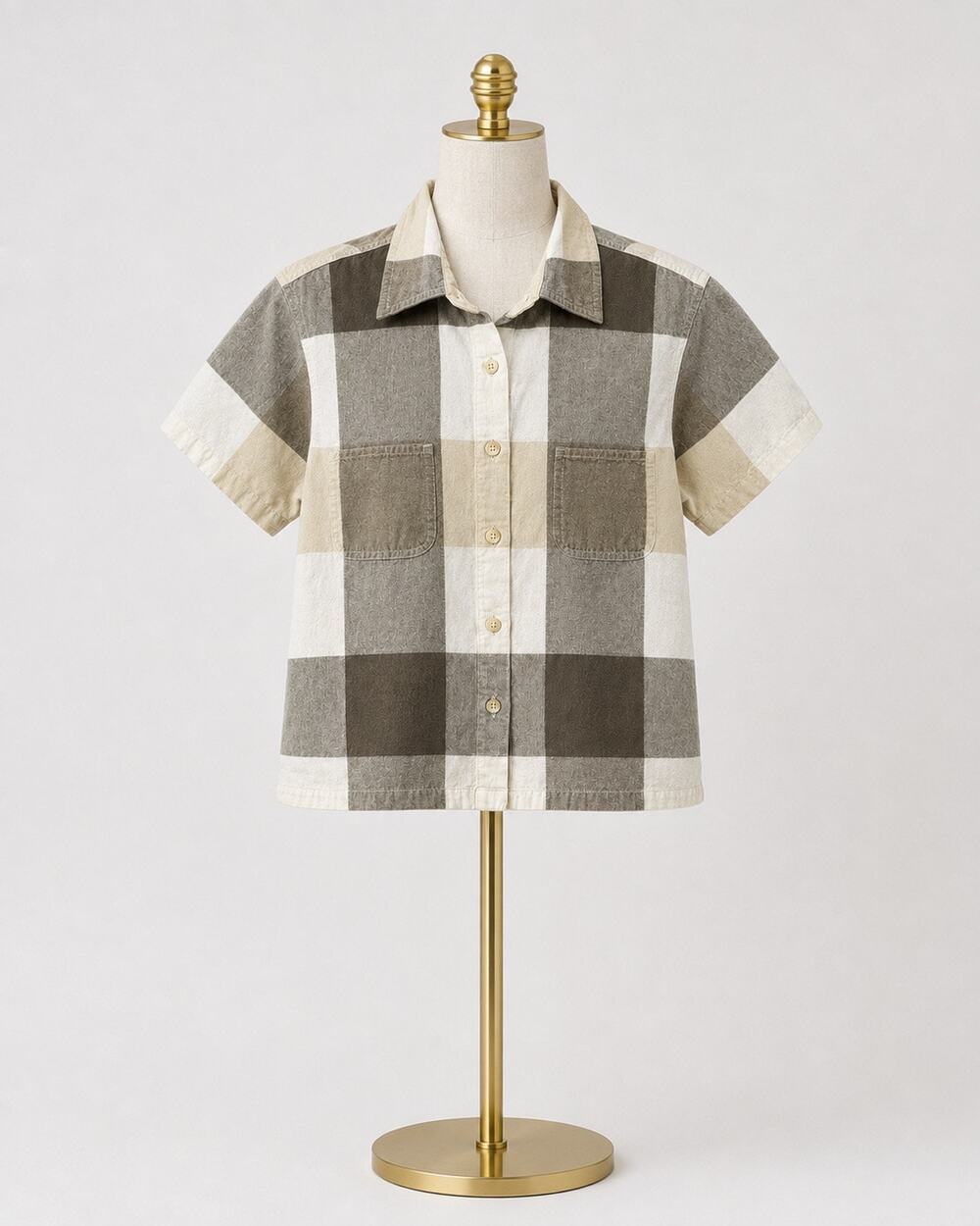 Taupe Collared Buffalo Plaid Short Sleeve Cotton Top